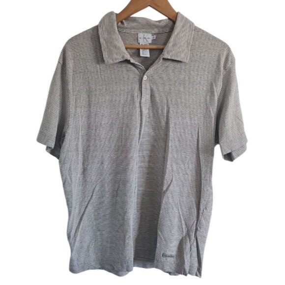 Vintage Calvin Klein Jeans Linen Blend Striped Polo Shirt Sz L CK Top Resortwear - Picture 1 of 11